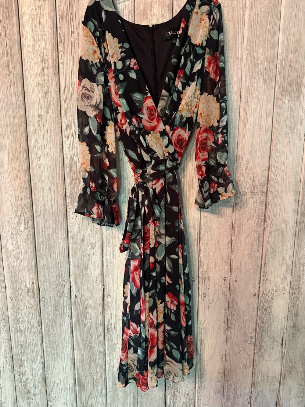 Chelsea Rose Chiffon Floral Midi Dress in Black with Red & Cream Blooms